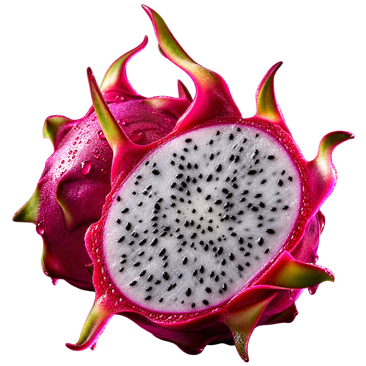 Pitaia (fruta-do-dragão) cortada ao meio sobre fundo escuro